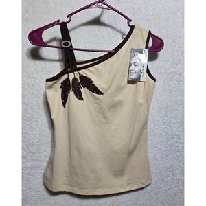 Beauty Model One Shoulder Tank Top Women L Beige Brown Leaf Rhinestone Accent